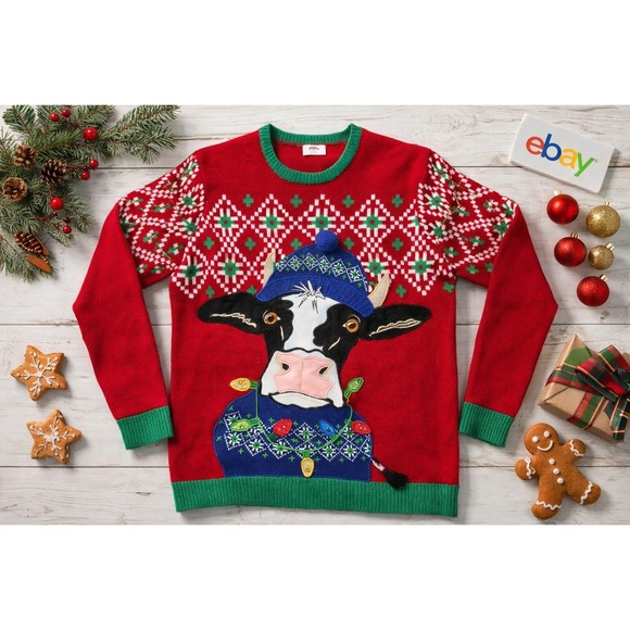 Ugly Christmas Sweater Other - Holiday Time Ugly Christmas Cow Sweater L 42–44 3D Pom Pom